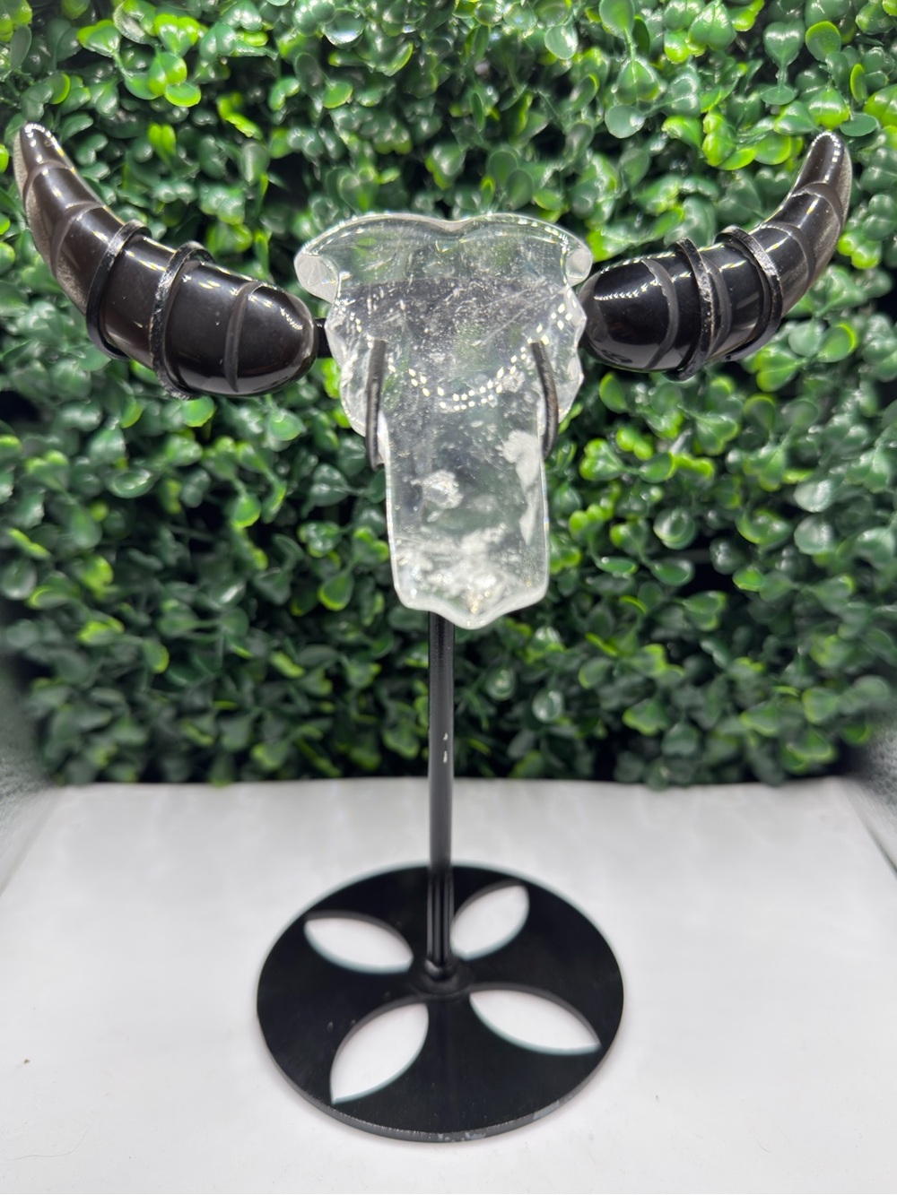 Stunning Hand-Carved Clear Quartz & Black Obsidian Bull Skull on Display Stand